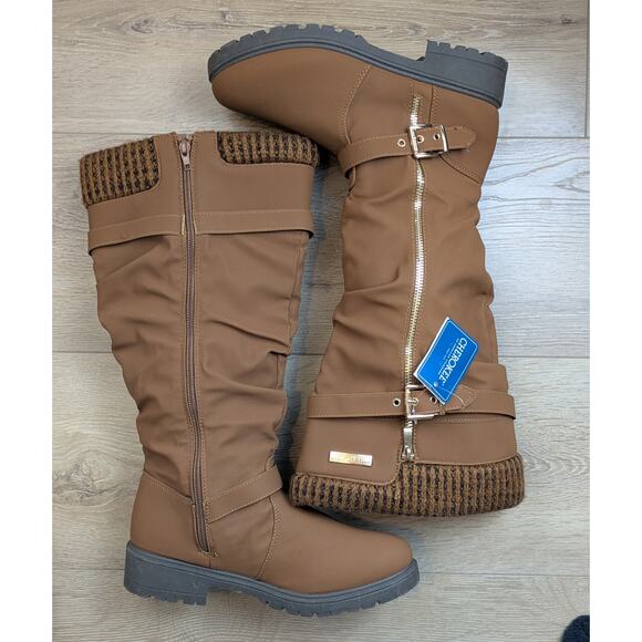 NEW Cherokee Womens Tall Boots 8 Brown Slouchy Knit Cuff Zip Buckle Lug Sole - Picture 8 of 12